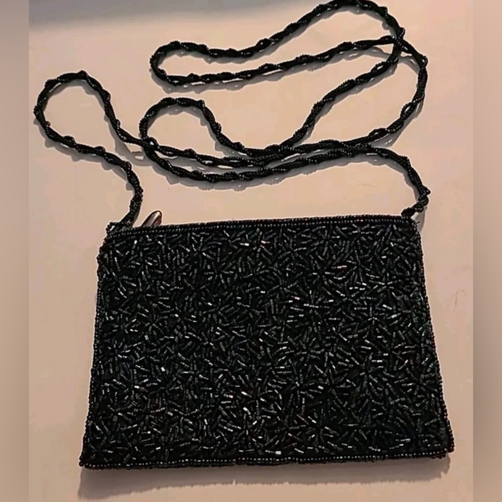 Vintage 80s/90s Black Beaded Crossbody Evening Bag With Zipper Closure